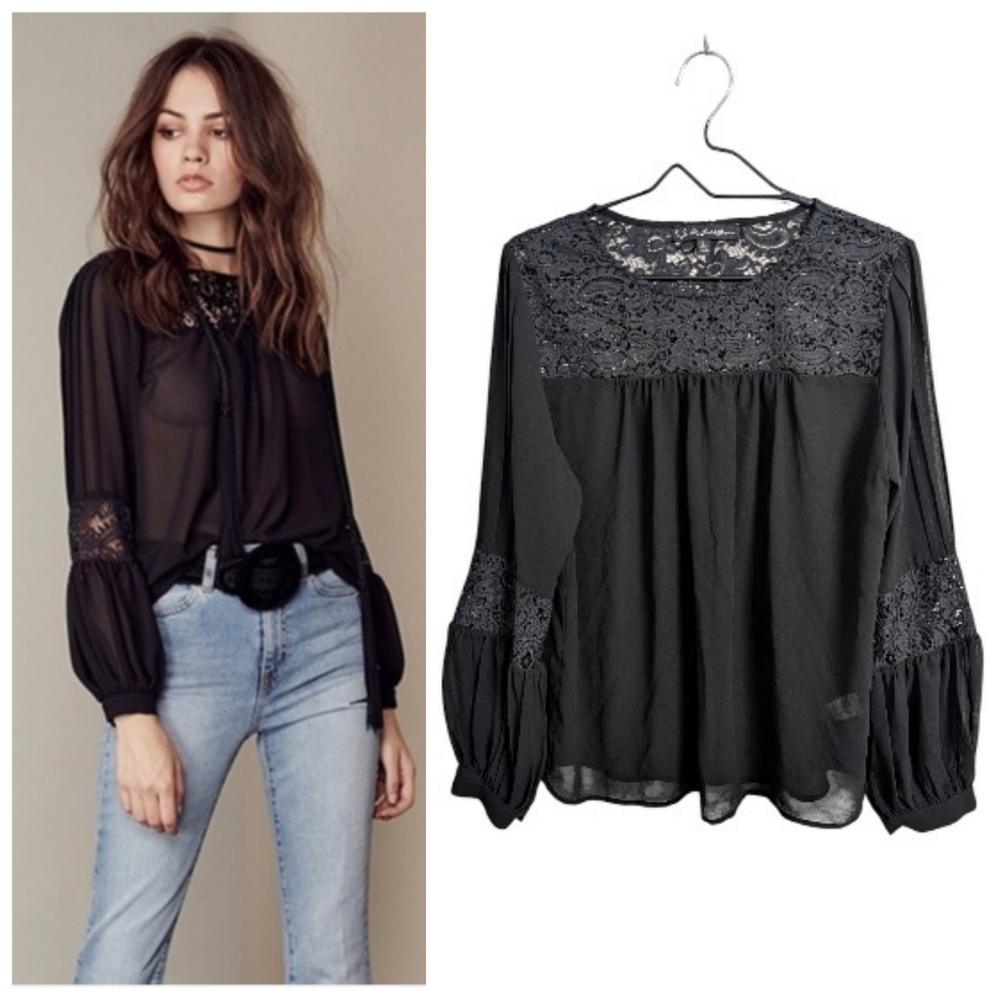 For Love & Lemons Black Sacramento Top Blouse Semi-Sheer Lace Long Sleeve L